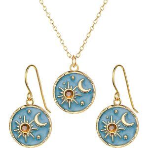 Vintage Sun Moon Earrings and Necklace Set for Women Boho Antiqued Crytal Sun Mo